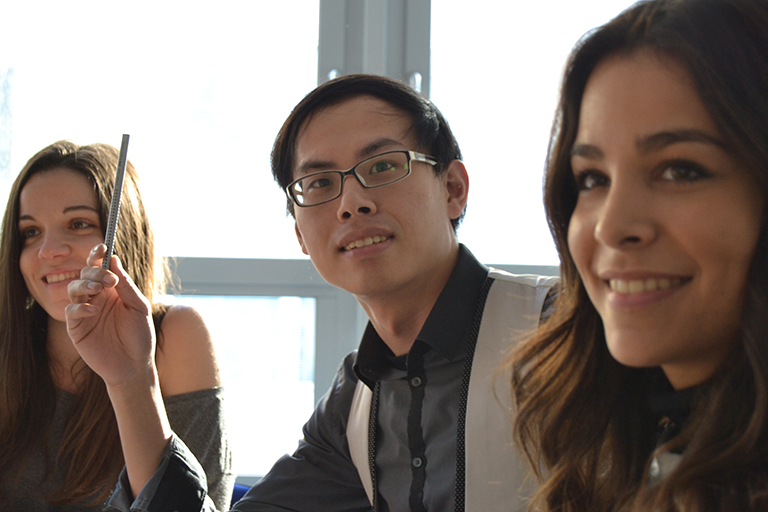 Students engaging in a conversation.