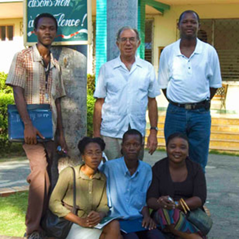 Albert Valdman (center) with research collaborators and teachers in Haiti, 2007. To Prof. Valdman's left is Solfils Telfort, now an MA student in French at IU.