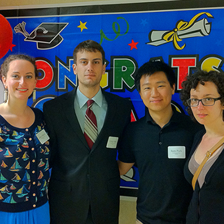 Graduating Italian majors Abigail Silbert, Greg Attra, and Sam Park. Next to Sam is his girlfriend Rosella, whom he met while studying abroad in Bologna last year.