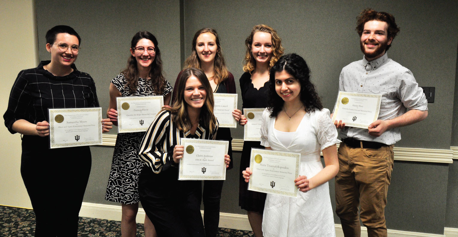 Undergraduate award recipients in French: Samantha Myers, Patricia Davis, Claire Ambrose, Rebecca Hailperin-Lausch, Emma Coates, Maria Triantafyllopoulos, and Hunter Pace. Photo: Carlo Buenconsejo