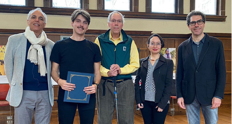 Nicolas celebrates winning the Center for Theoretical Inquiry in Humanities Award. From left to right: Prof. Michel Chaouli (director of the Center for theoretical inquiry in the humanities), Nicolas Noé, William Slaymaker, Prof. Sonia Velázquez (Comparative Literature & Religious Studies, and jury member) and Prof. Edgar Illas (Spanish & Portuguese, and jury member)